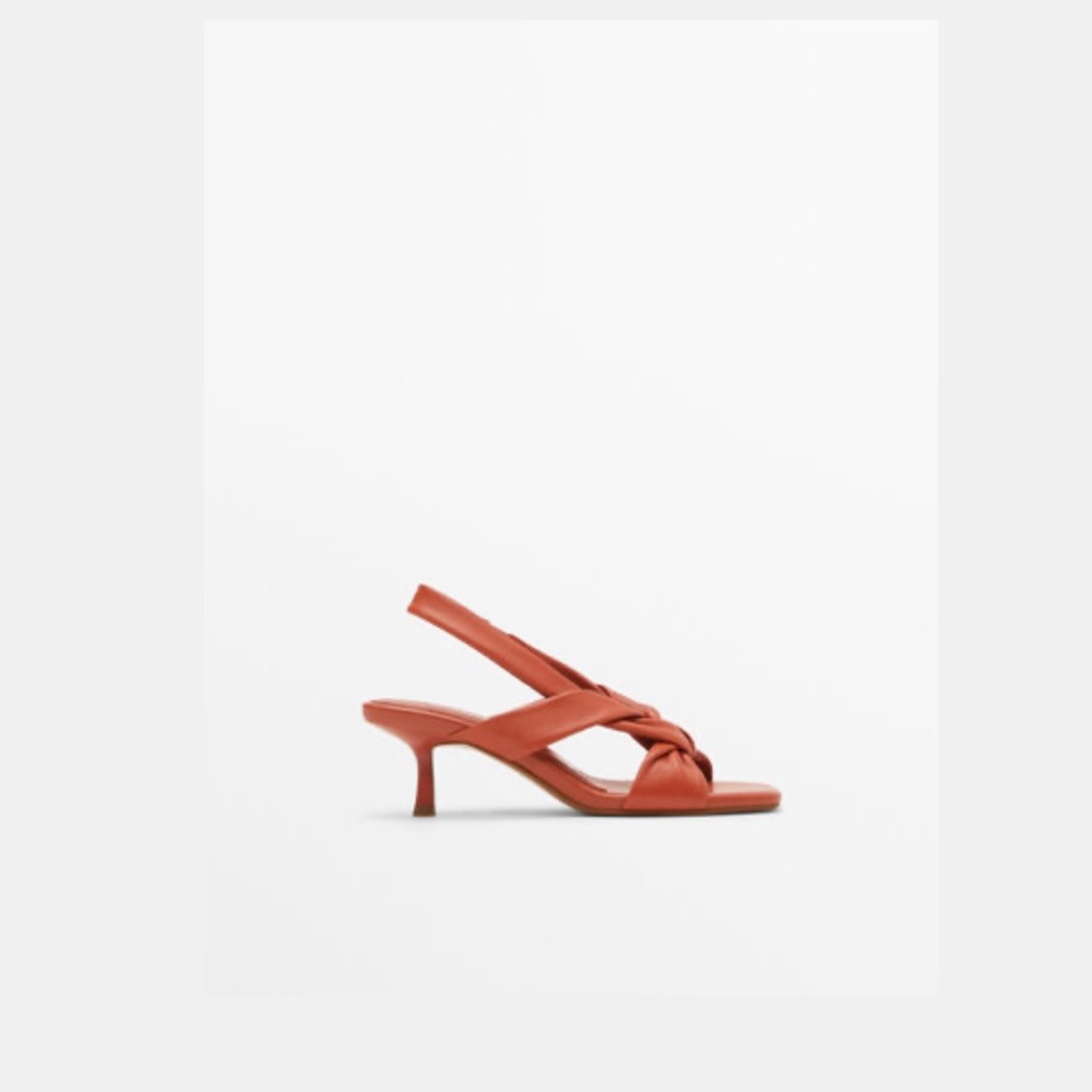 MASSIMO DUTTI Knotted Leather Heeled Sandals, Coral, Size 7 1/2 USA